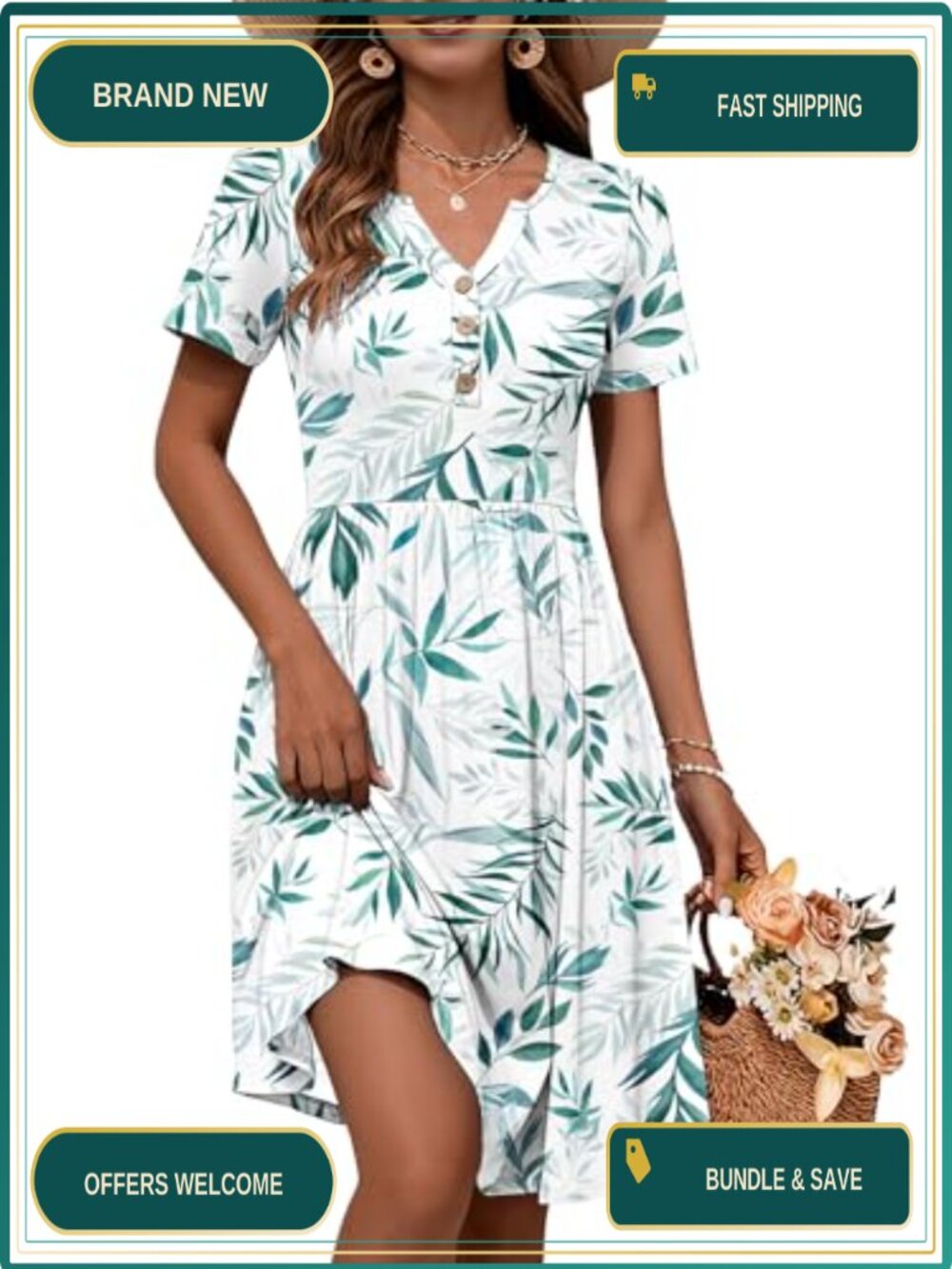 V Neck Button Down Empire Waist Midi Summer Dress with Pockets